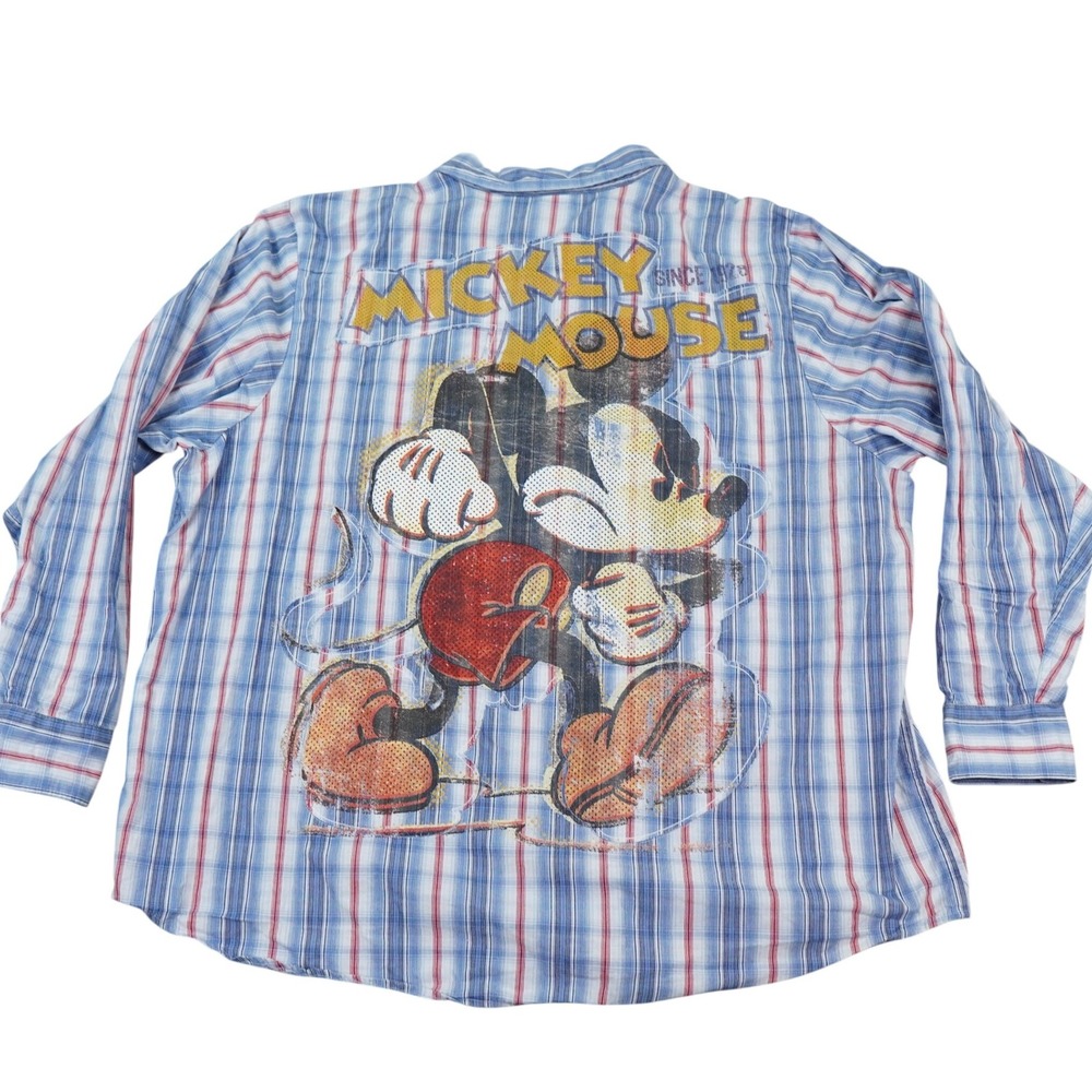 Disney Mickey Mouse Shirt Men XXL Blue Plaid Graphic Western Pearl Snap Logo